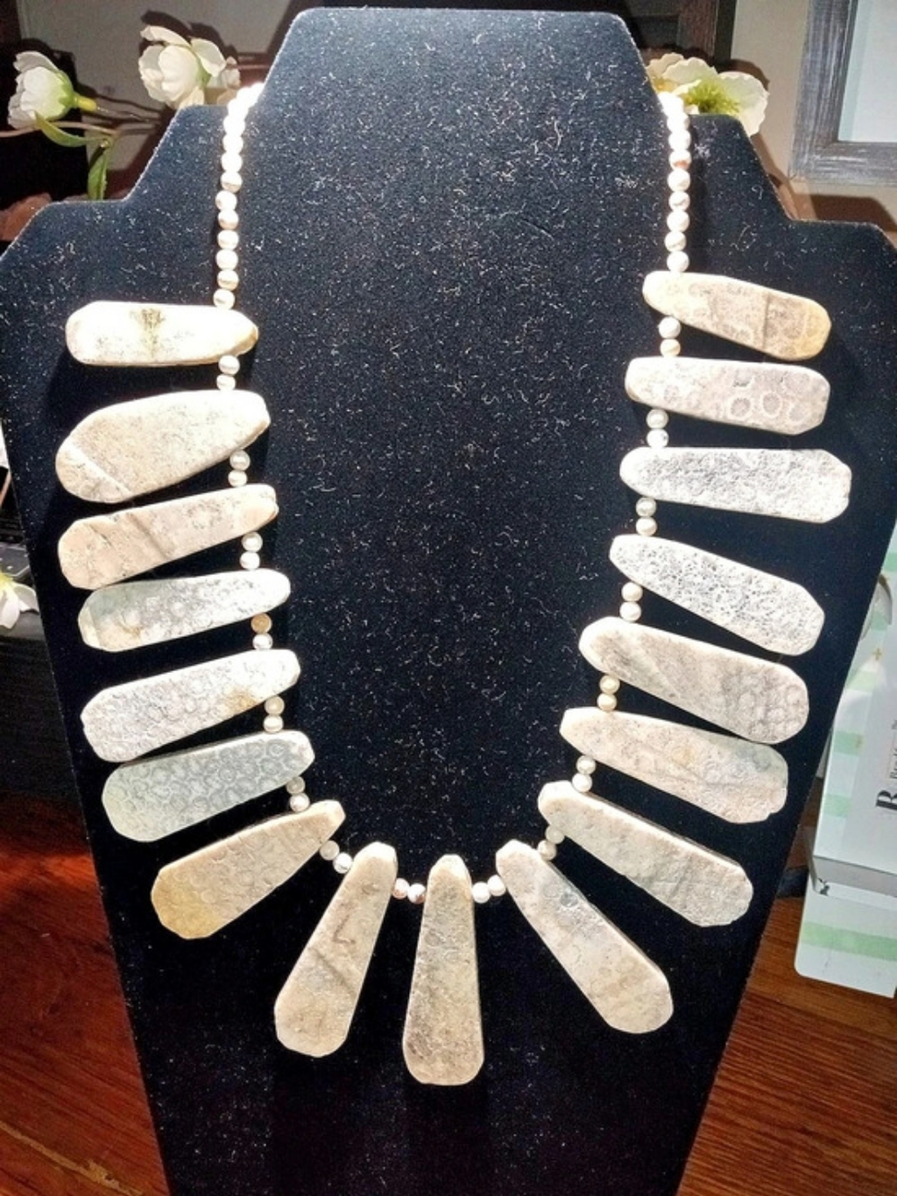 Statement Pendant Necklace in White Stones & Silver